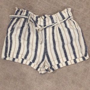 Blue and white striped linen shorts